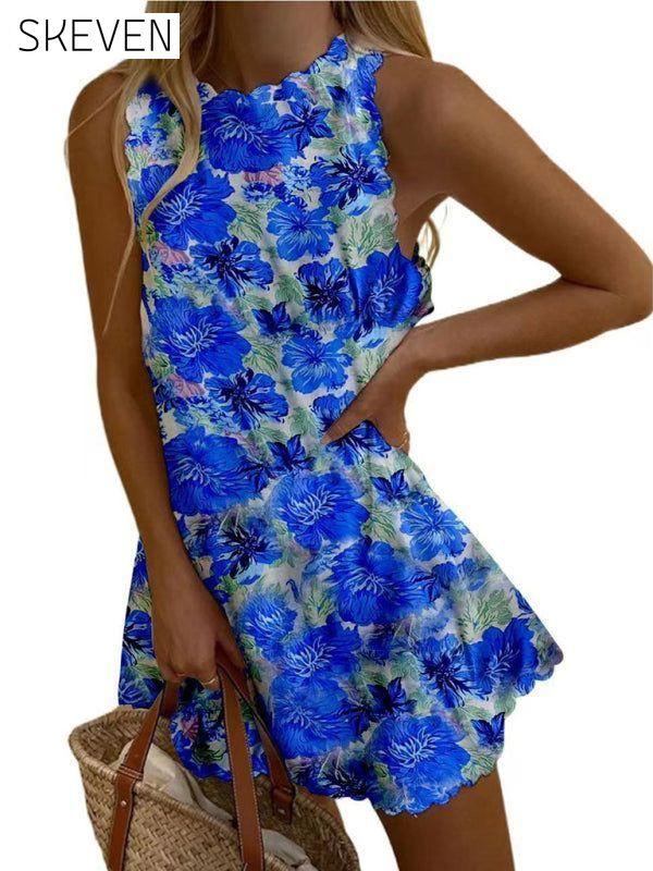 Women's New Mini Round Neck Sleeveless Dress Purplish blue navy casual dresses clothes dress dresses short dresses