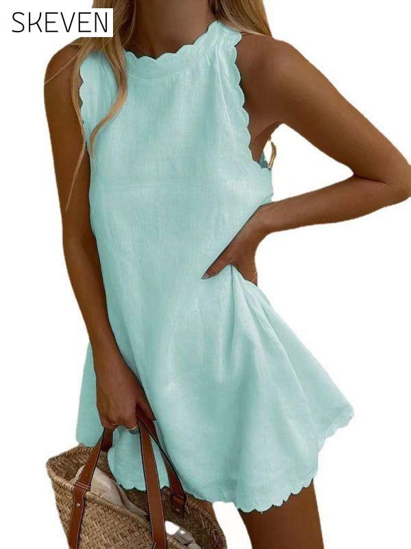 Women's New Mini Round Neck Sleeveless Dress Clear blue casual dresses clothes dress dresses short dresses