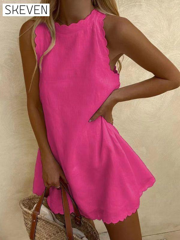 Women's New Mini Round Neck Sleeveless Dress Rose casual dresses clothes dress dresses short dresses