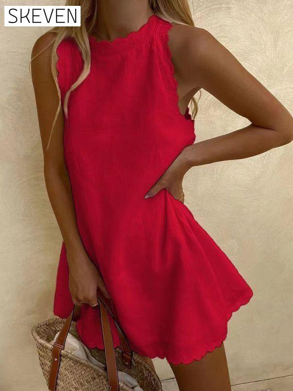 Women's New Mini Round Neck Sleeveless Dress Red casual dresses clothes dress dresses short dresses