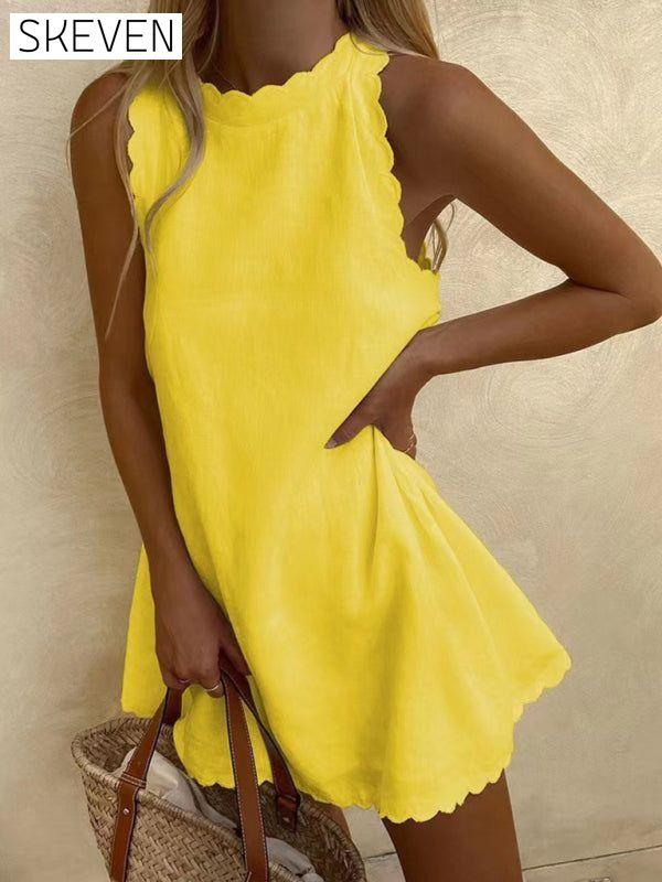 Women's New Mini Round Neck Sleeveless Dress Yellow casual dresses clothes dress dresses short dresses