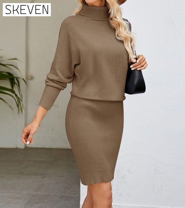 Women's turtleneck long sleeve slim fit sweater dress Khaki casual dresses clothes dress dresses long sleeve dress long sleeve dresses