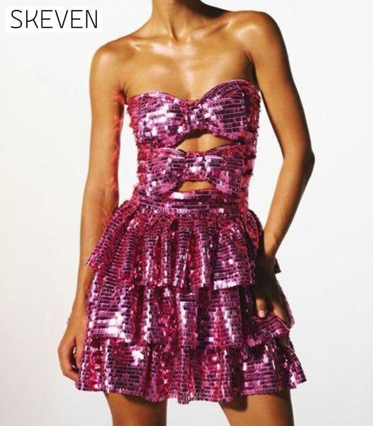 New party dress hollow pleated bow square sequined sexy short tube top dress Rose buy this clothes cocktail dresses dress dresses elegant dress evening dress formal dress short dress short dresses