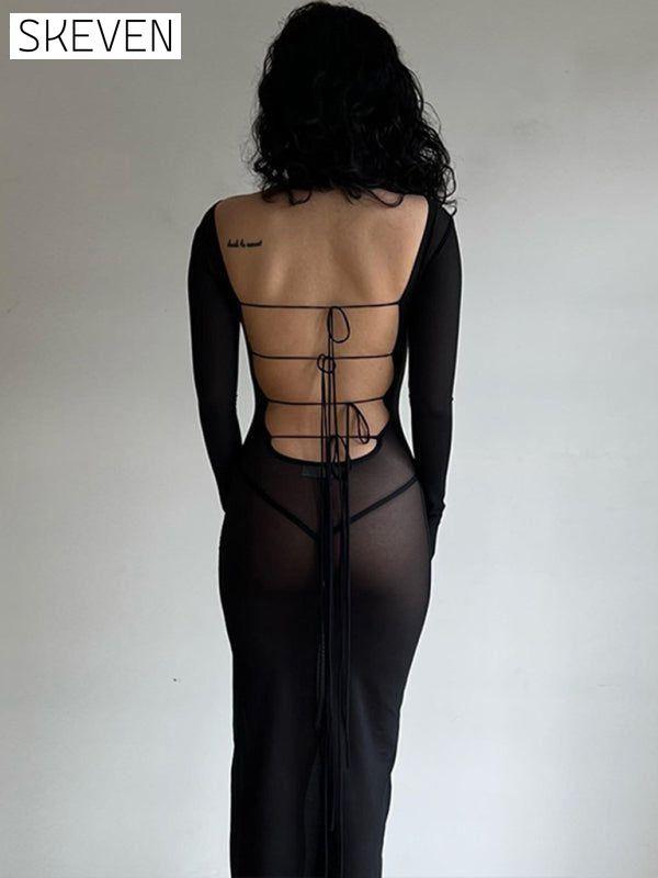 Women's see-through mesh backless dress lace-up sexy midi skirt long-sleeved slim black dress clothes dresses