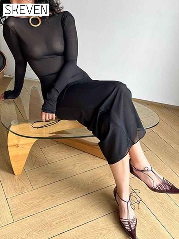 Women's see-through mesh backless dress lace-up sexy midi skirt long-sleeved slim black dress clothes dresses