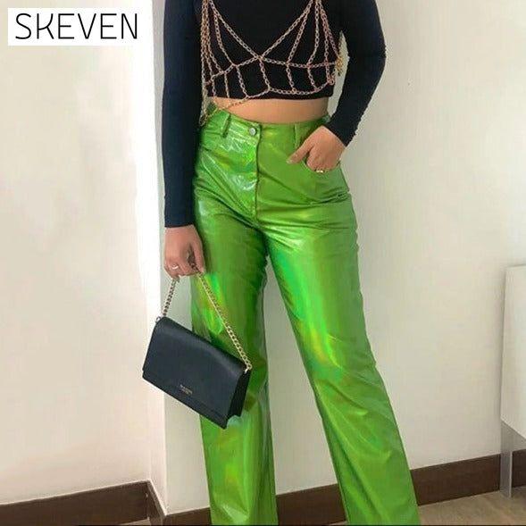 Women's New PU Tight Stretch Pants Butt-Showing Hot Girl High Street Straight Pants bottoms clothes pants