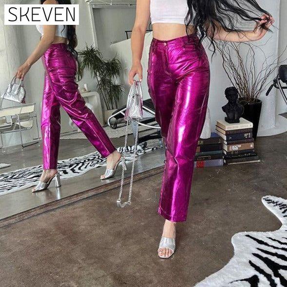 Women's New PU Tight Stretch Pants Butt-Showing Hot Girl High Street Straight Pants bottoms clothes pants
