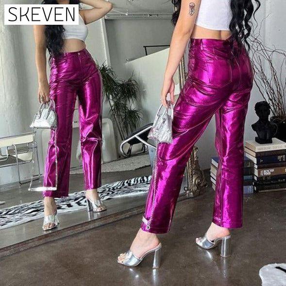 Women's New PU Tight Stretch Pants Butt-Showing Hot Girl High Street Straight Pants bottoms clothes pants