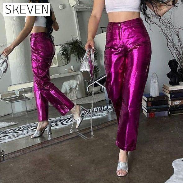 Women's New PU Tight Stretch Pants Butt-Showing Hot Girl High Street Straight Pants bottoms clothes pants