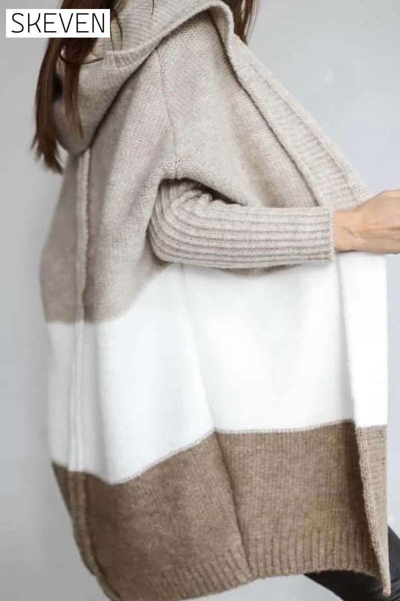 Women's Casual Contrast Color Hooded Sweater Cardigan Cardigans Coats Tops