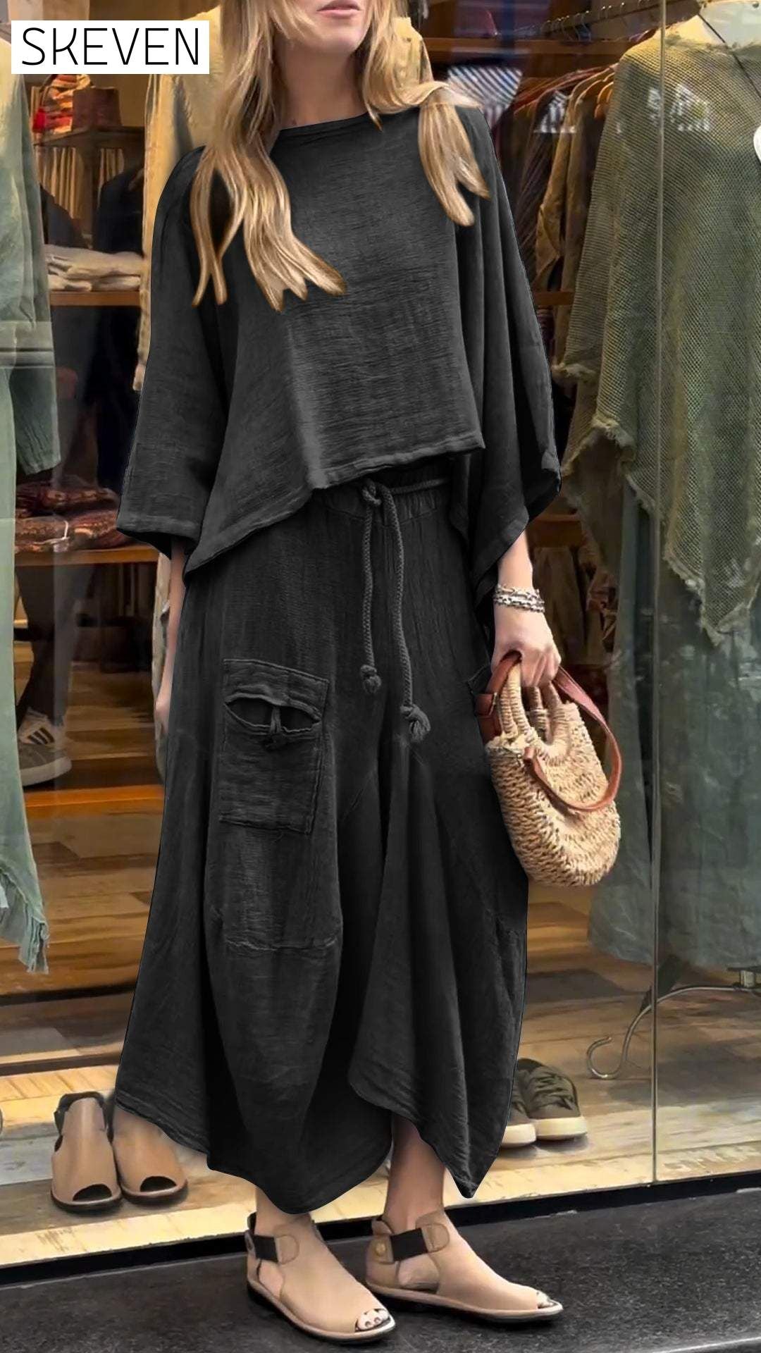 Women's Round Neck Mid-length Sleeve Casual Cotton and Linen Suit Suit