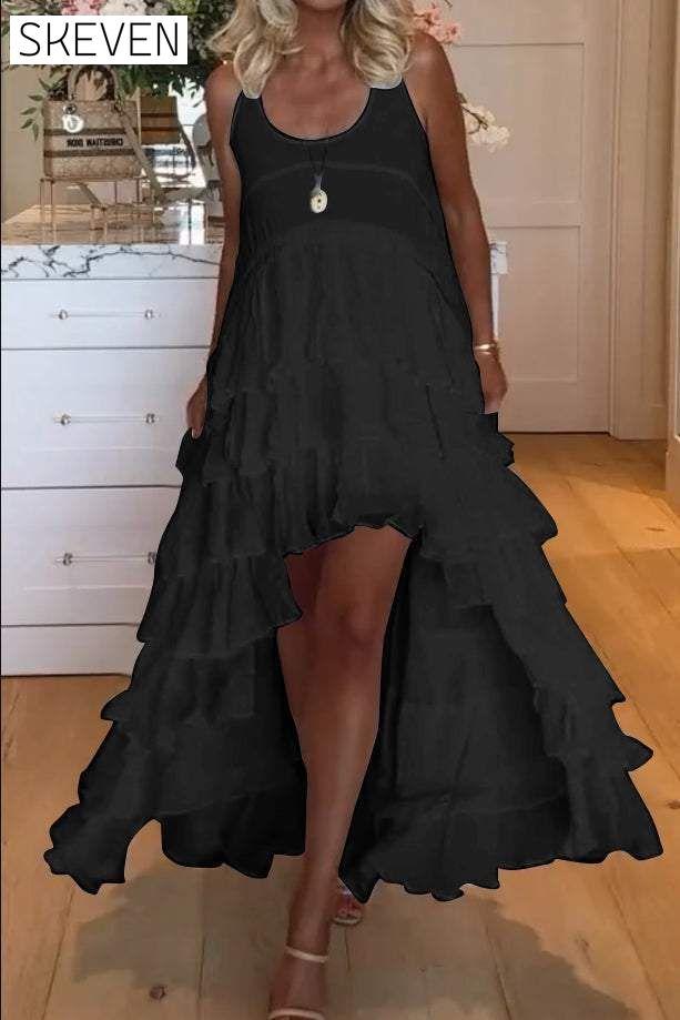 Women's cute short front and long back ruffle cake dress dress