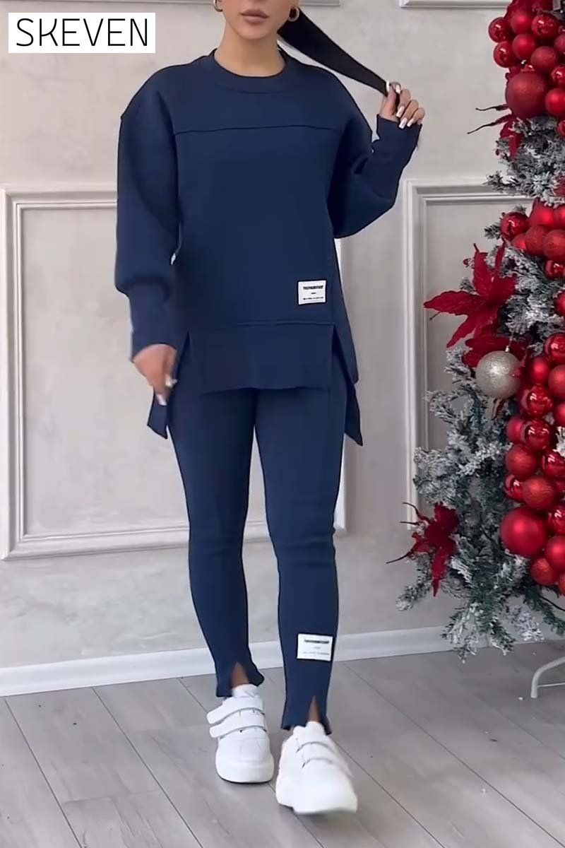 Women's Casual Solid Color Round Neck Long Sleeve Slit Hem Sweatshirt Leggings Set suit two-piece set