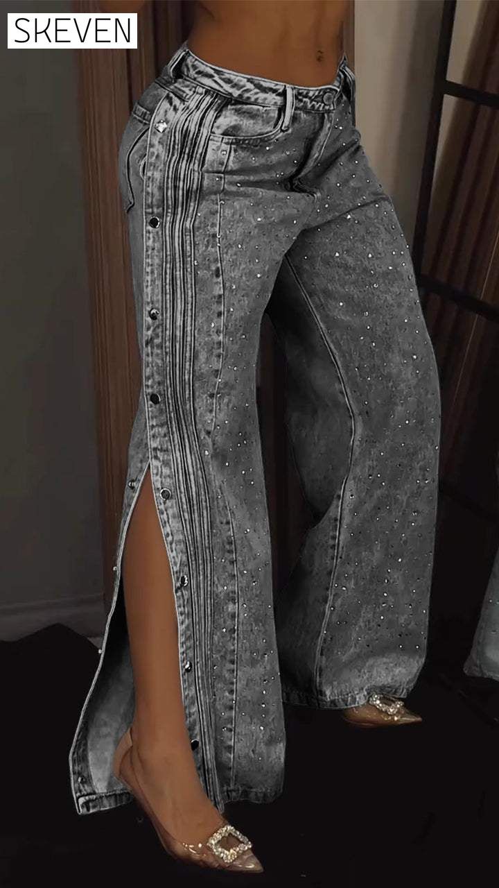 Jean à strass boutonné pour femme 
