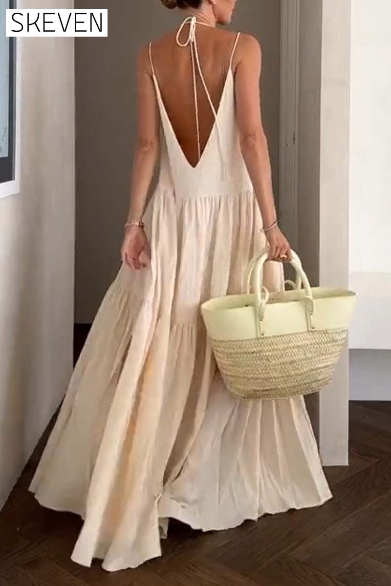 Women's casual solid color pleated beach strap maxi dress Dress