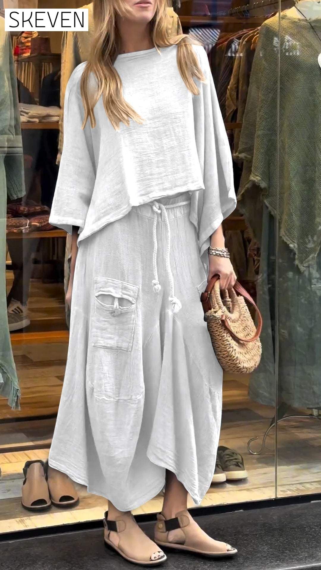 Women's Round Neck Mid-length Sleeve Casual Cotton and Linen Suit Suit