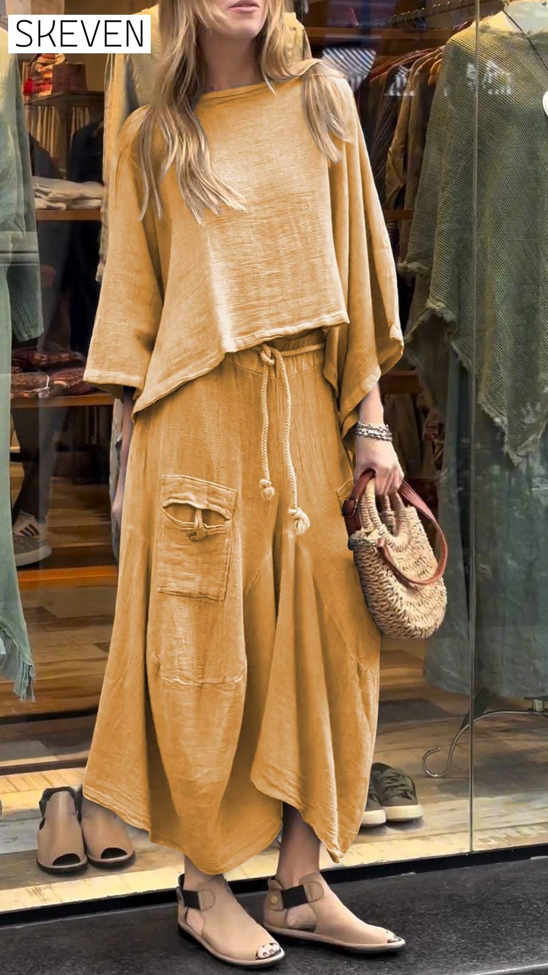 Women's Round Neck Mid-length Sleeve Casual Cotton and Linen Suit Suit