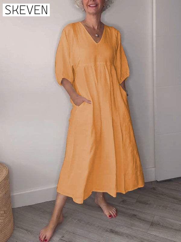 Women's V-neck Solid Color Mid-length Sleeve Dress Cotton and linen Dress