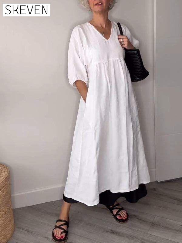 Women's V-neck Solid Color Mid-length Sleeve Dress Cotton and linen Dress