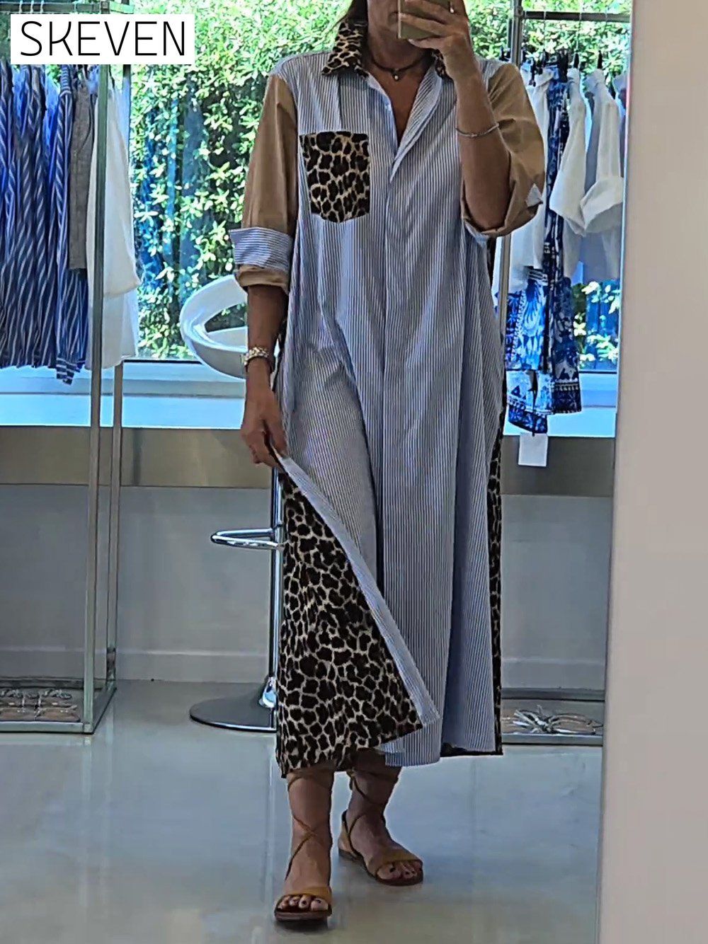 Women's Fashion Striped Stitching Leopard Print Contrast Color Dress Dress