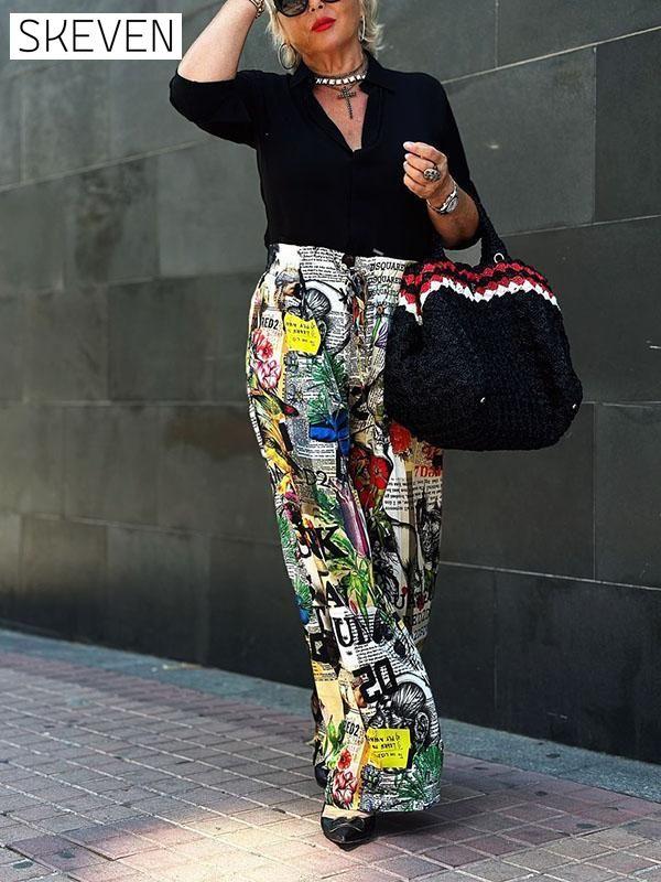 Women's Solid Color V-neck Shirt & Patterned Trousers Two-piece Set Set