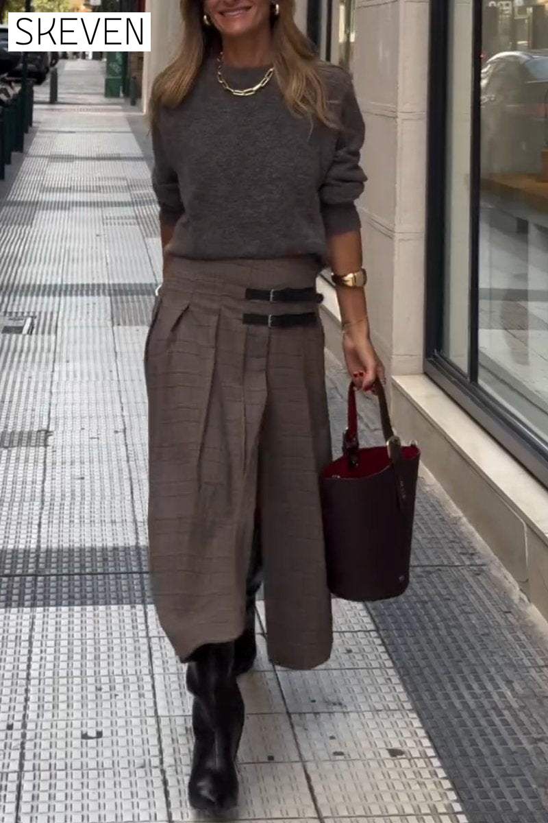 Women's Round Neck Long Sleeve Sweater and Slit Skirt Two-piece Set Set Two Piece Set