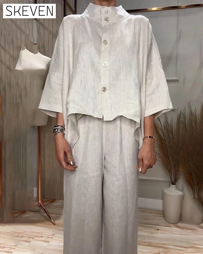 Stand Collar Design Casual Cotton and Linen Two-piece Set Set