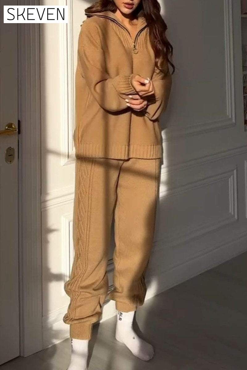 Women's Half-zip Lapel Knitted Casual Sweater Suit Set Two Piece Set