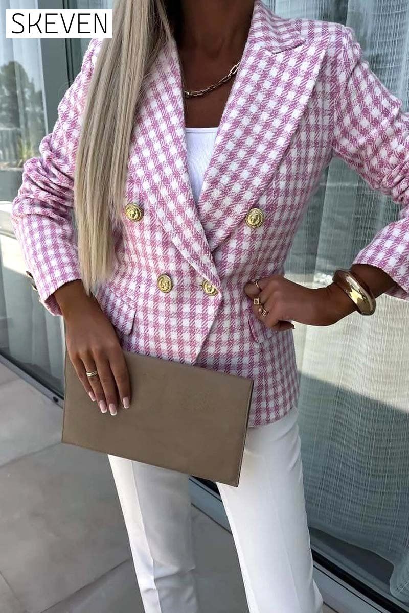 Women's Fashion Plaid Double Breasted Blazer Blazers Tops