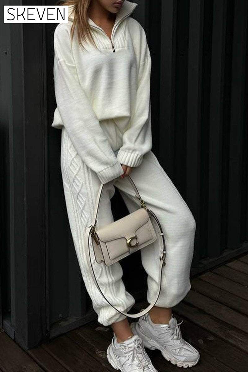 Women's Half-zip Lapel Knitted Casual Sweater Suit Set Two Piece Set