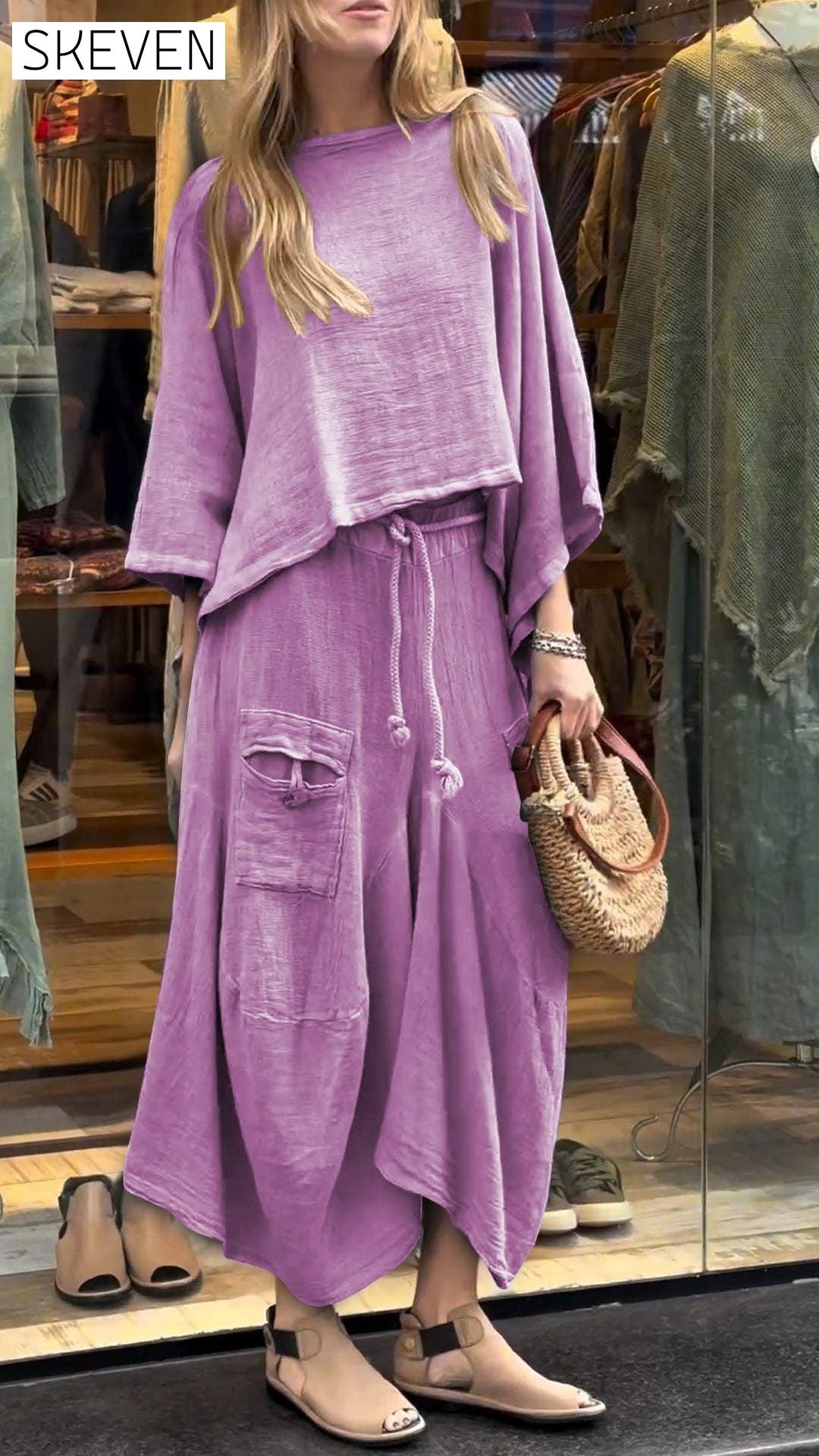 Women's Round Neck Mid-length Sleeve Casual Cotton and Linen Suit Suit