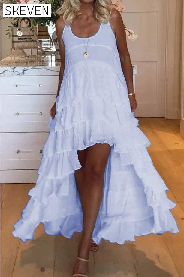 Women's cute short front and long back ruffle cake dress dress