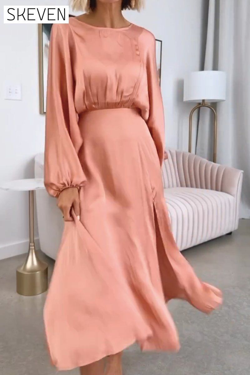 Women's solid color satin slit dress Dress