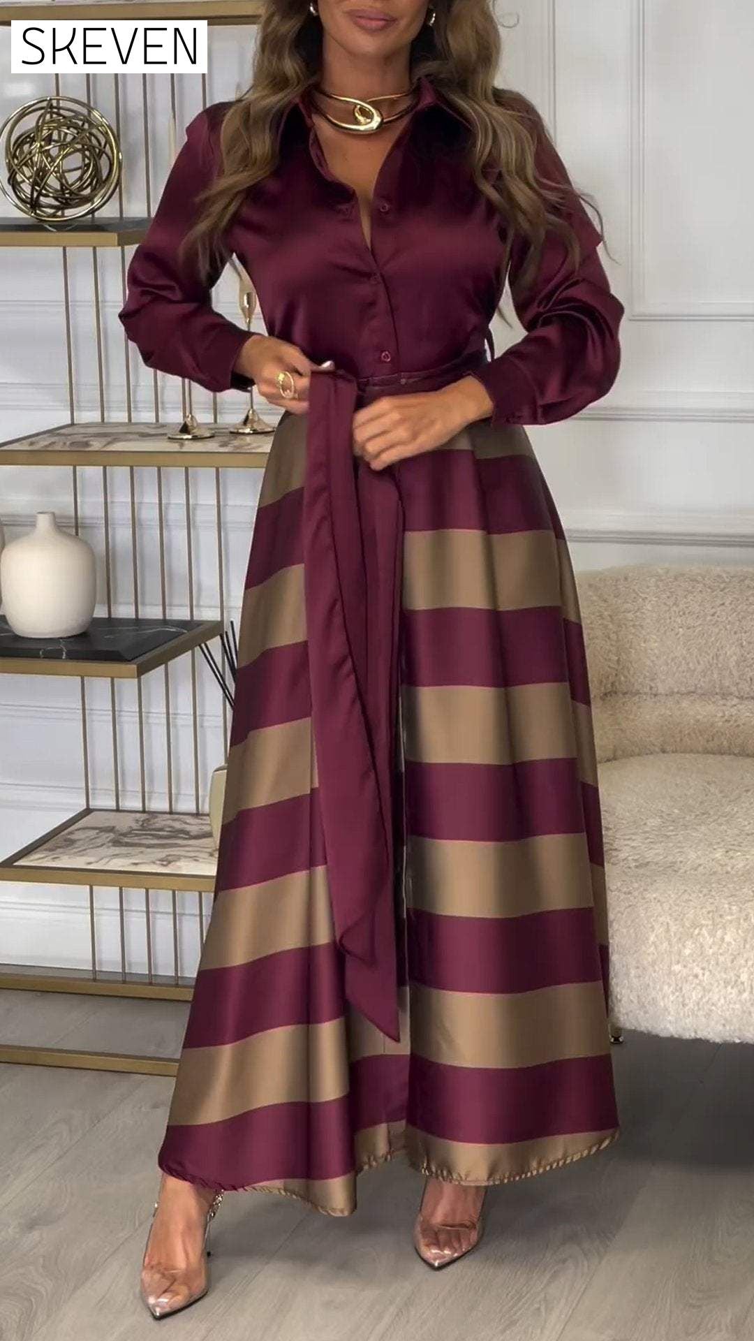 Women's Lapel Long Sleeve Striped Stitching Temperament Dress dress