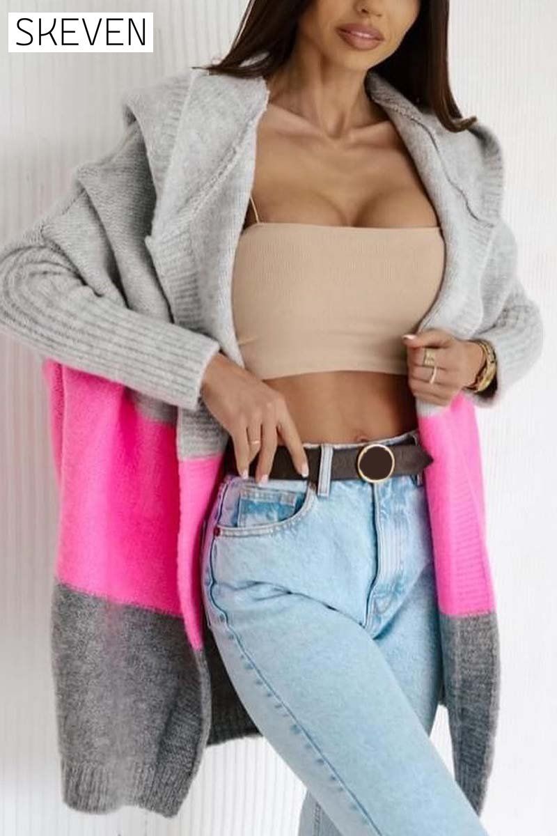 Women's Casual Contrast Color Hooded Sweater Cardigan Cardigans Coats Tops