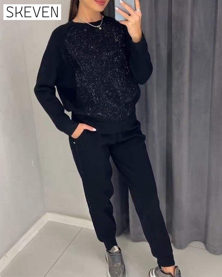 Women's Round Neck Long Sleeve Hot Diamond Casual Suit Sets Two piece sets