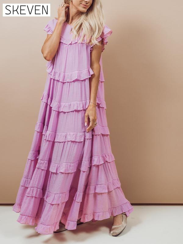 Women's Round Neck Solid Color Cap Sleeve Cake Dress Cotton Dress