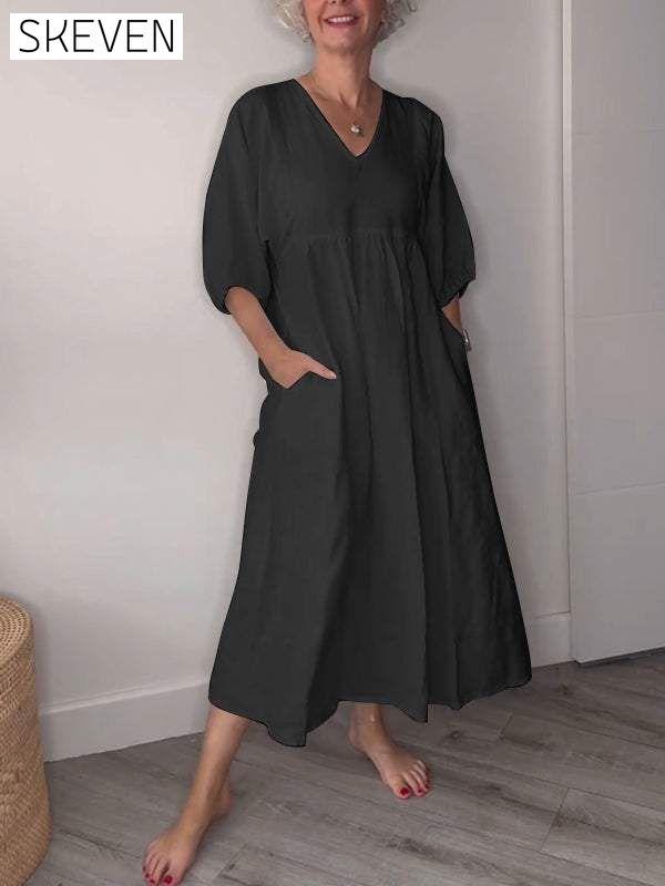 Women's V-neck Solid Color Mid-length Sleeve Dress Cotton and linen Dress