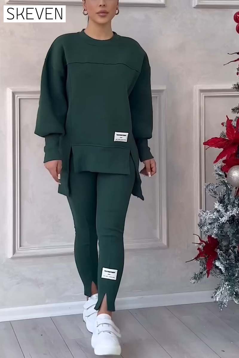 Women's Casual Solid Color Round Neck Long Sleeve Slit Hem Sweatshirt Leggings Set suit two-piece set