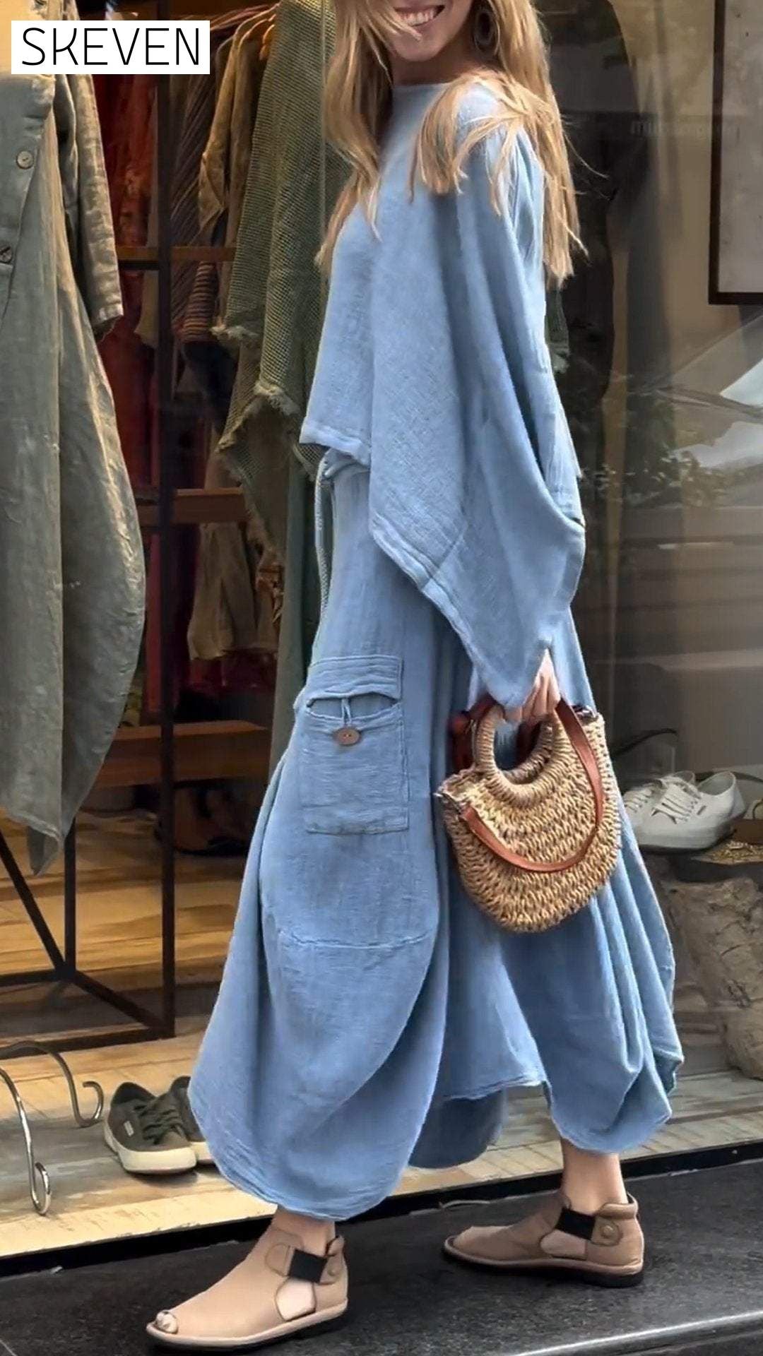 Women's Round Neck Mid-length Sleeve Casual Cotton and Linen Suit Suit