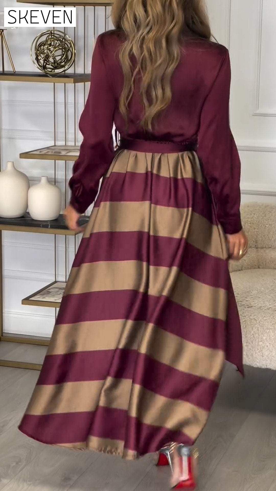 Women's Lapel Long Sleeve Striped Stitching Temperament Dress dress