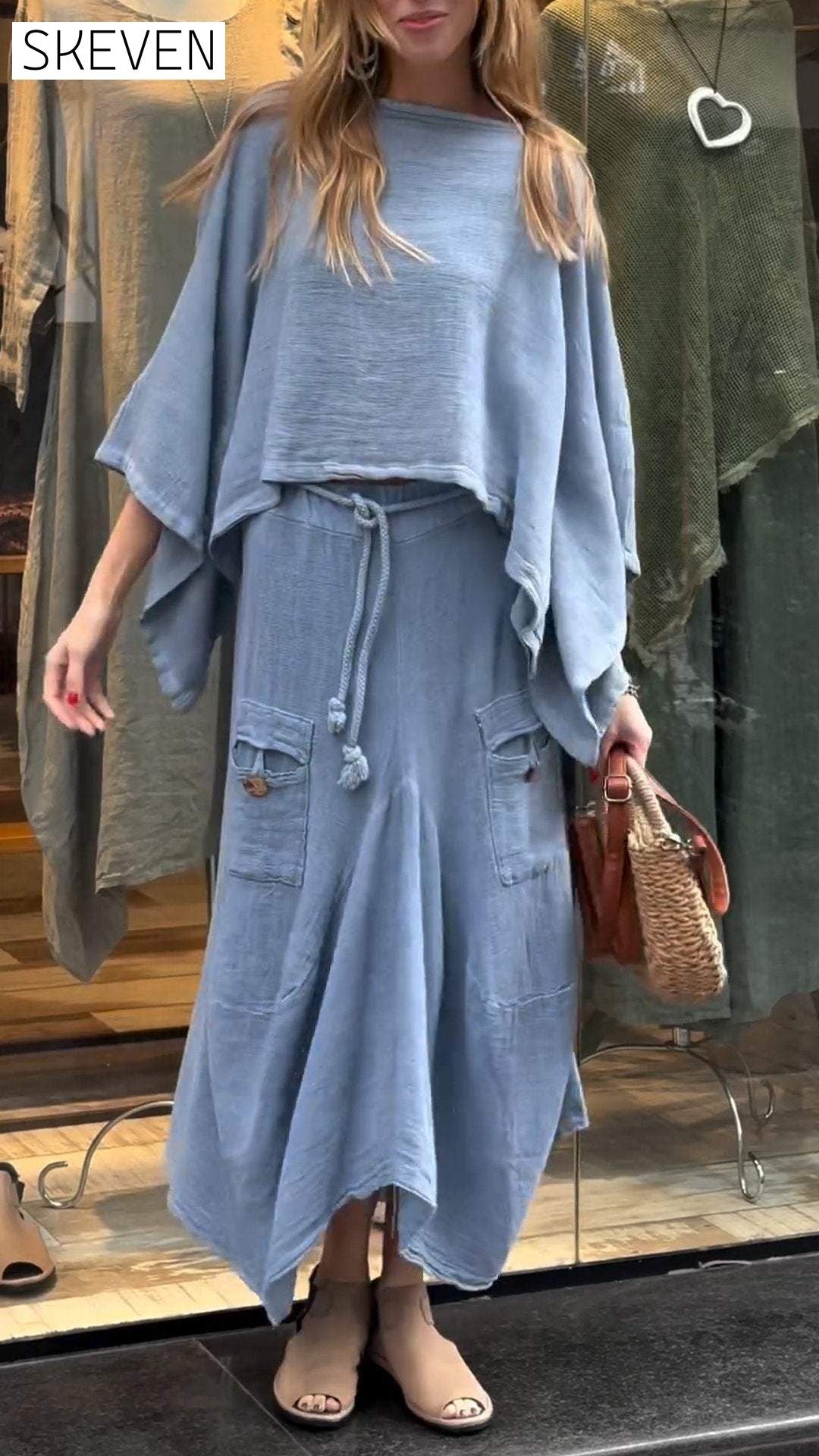 Women's Round Neck Mid-length Sleeve Casual Cotton and Linen Suit Suit