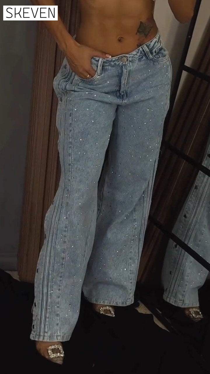 Jean à strass boutonné pour femme 