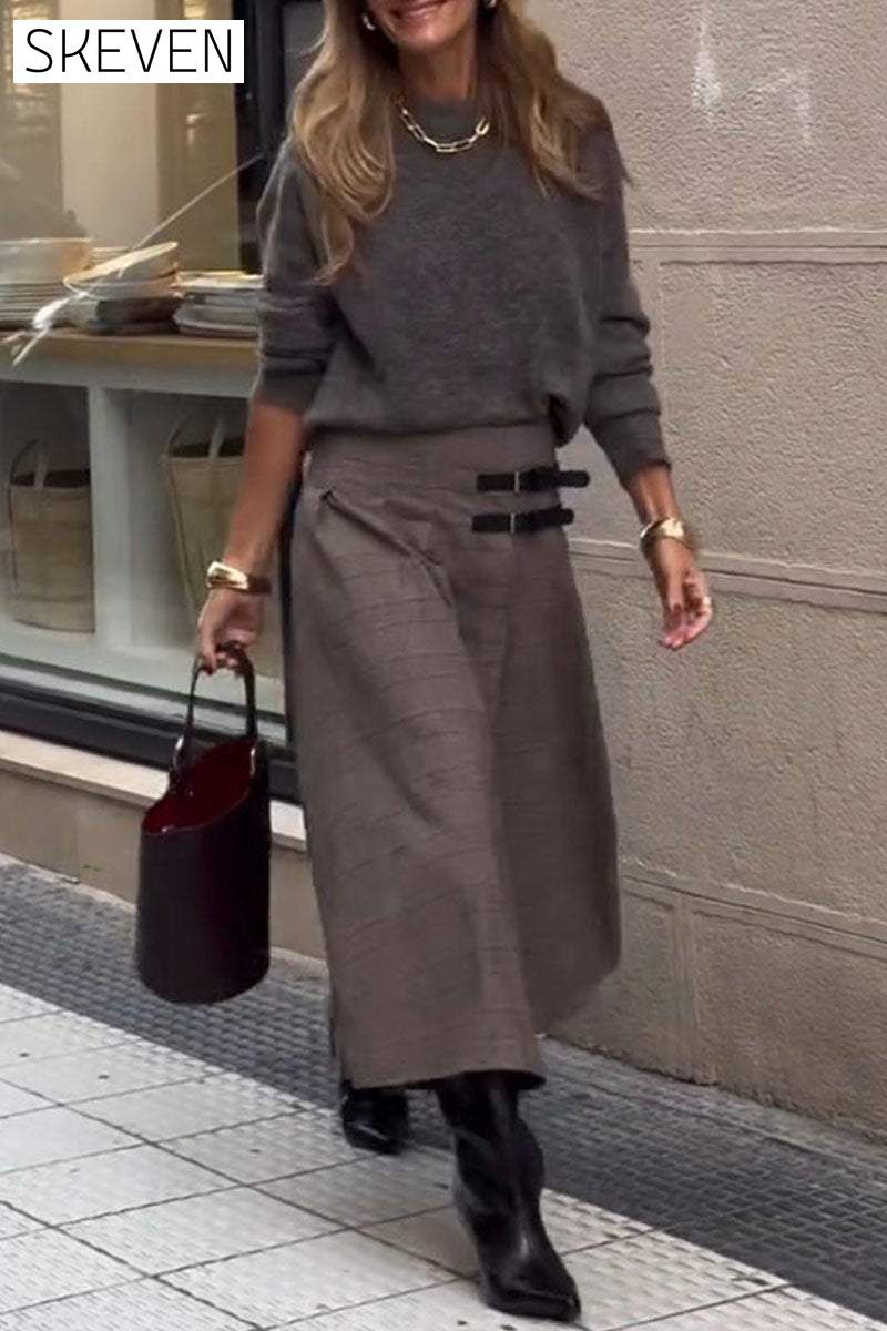 Women's Round Neck Long Sleeve Sweater and Slit Skirt Two-piece Set Set Two Piece Set