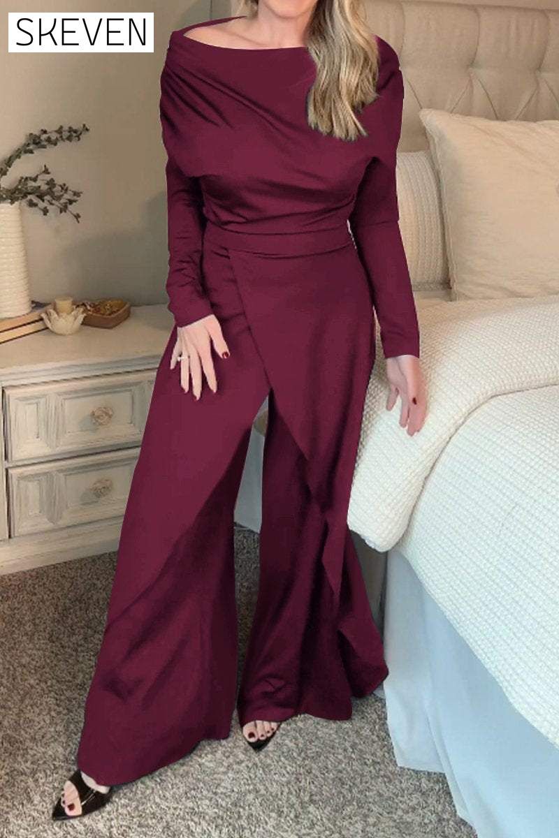 Women's One-shoulder Long-sleeved Split Design Temperament Jumpsuit Sets Two piece sets