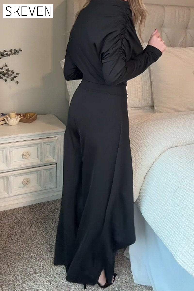 Women's One-shoulder Long-sleeved Split Design Temperament Jumpsuit Sets Two piece sets