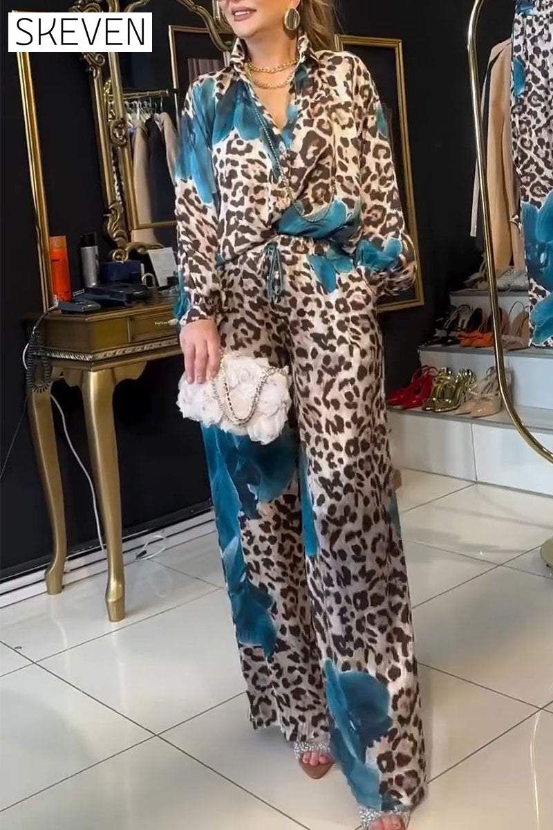 Women's V-neck Long-sleeved Leopard Print Two-piece Suit Sets Two Piece Suit