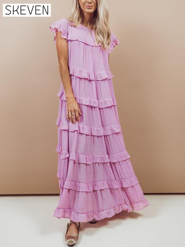 Women's Round Neck Solid Color Cap Sleeve Cake Dress Cotton Dress