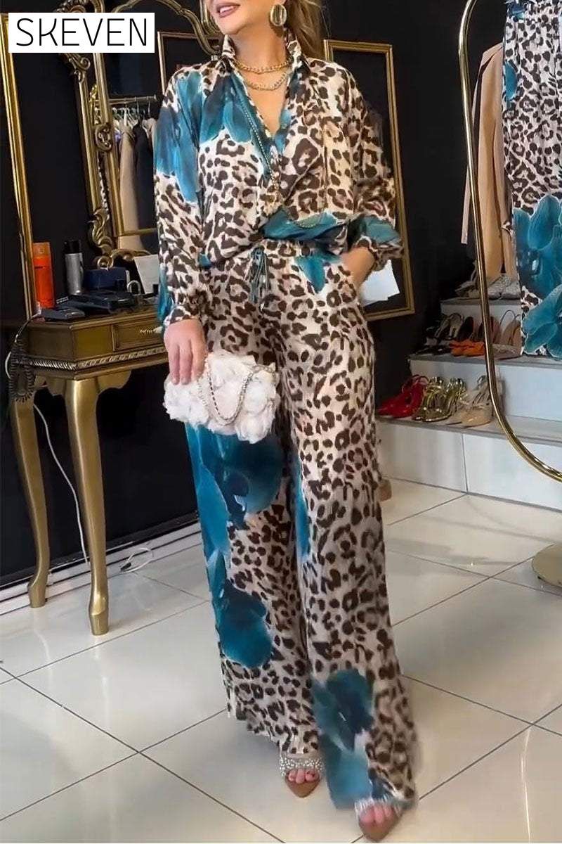 Women's V-neck Long-sleeved Leopard Print Two-piece Suit Sets Two Piece Suit