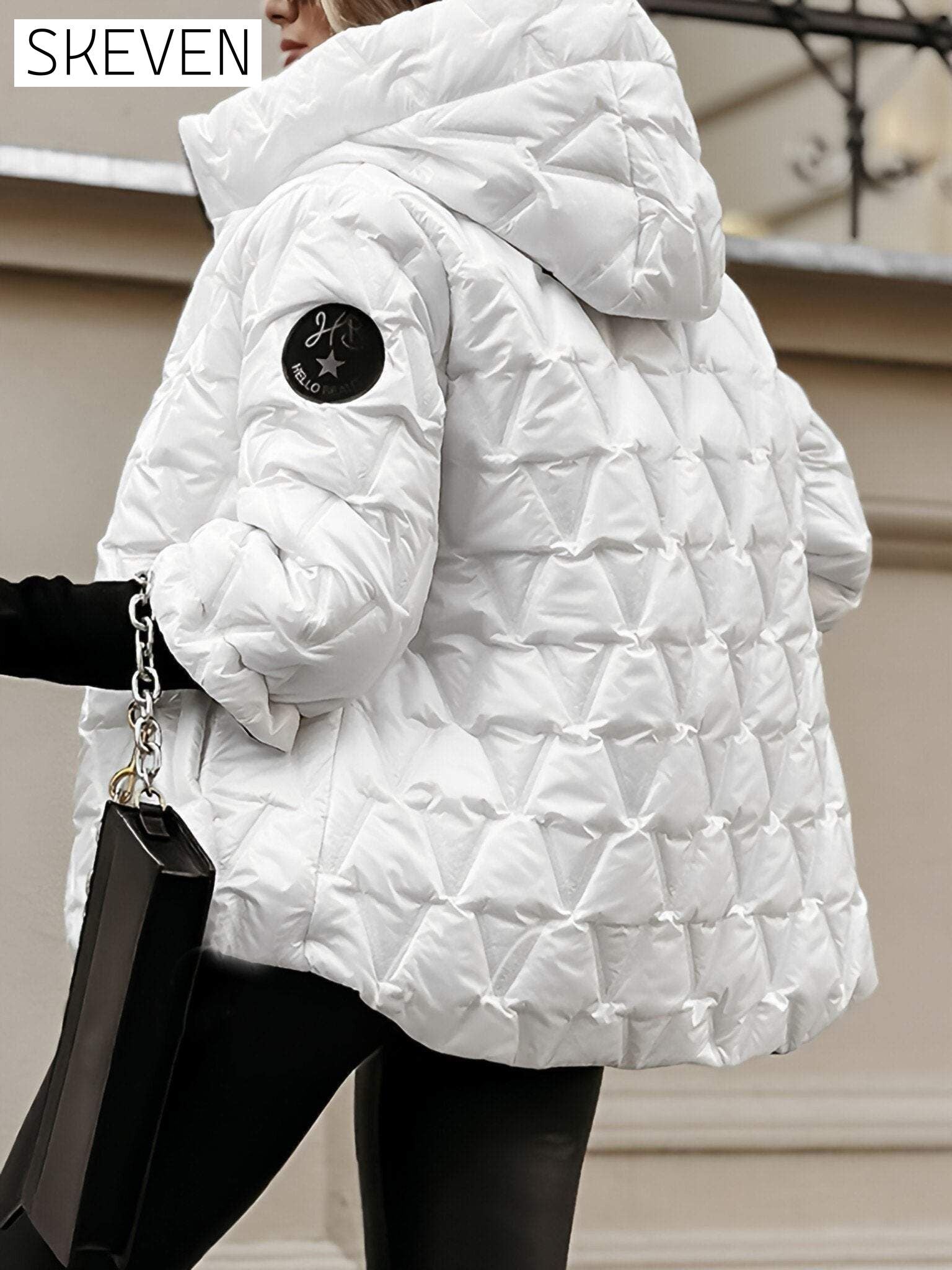 Women's Hooded Long-sleeved Autumn and Winter Diamond Patchwork Cotton Jacket Coats Tops